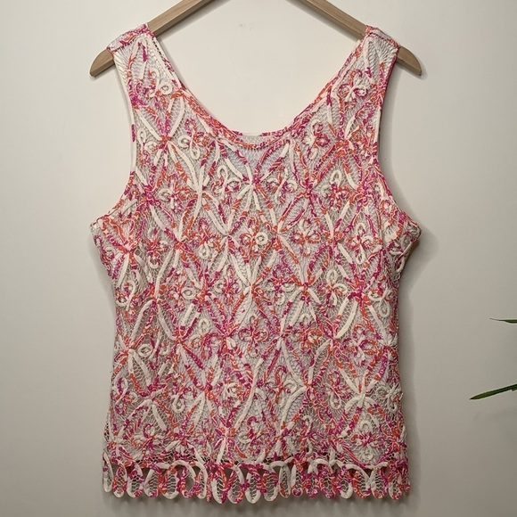 Sigrid Olsen Pink White Silk Lined Hand Knit Woven Beaded V Neck Camisole Top L - Picture 15 of 17